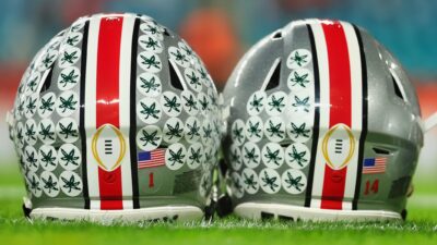 Ohio State Buckeyes helmets on ground