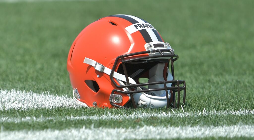 Cleveland Browns' helmet shown on field during 2021 Training Camp.