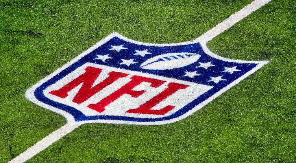 NFL logo shown on field of SoFi Stadium.