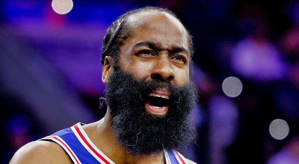 James Harden of Philadelphia 76ers reacting during game.