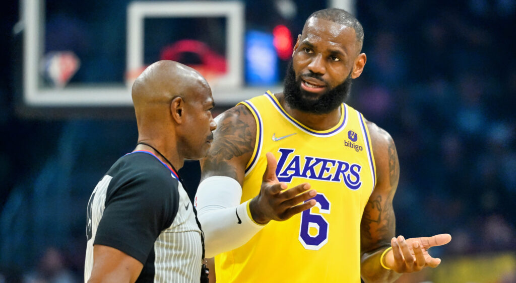 LeBron James speakign to NBA referee