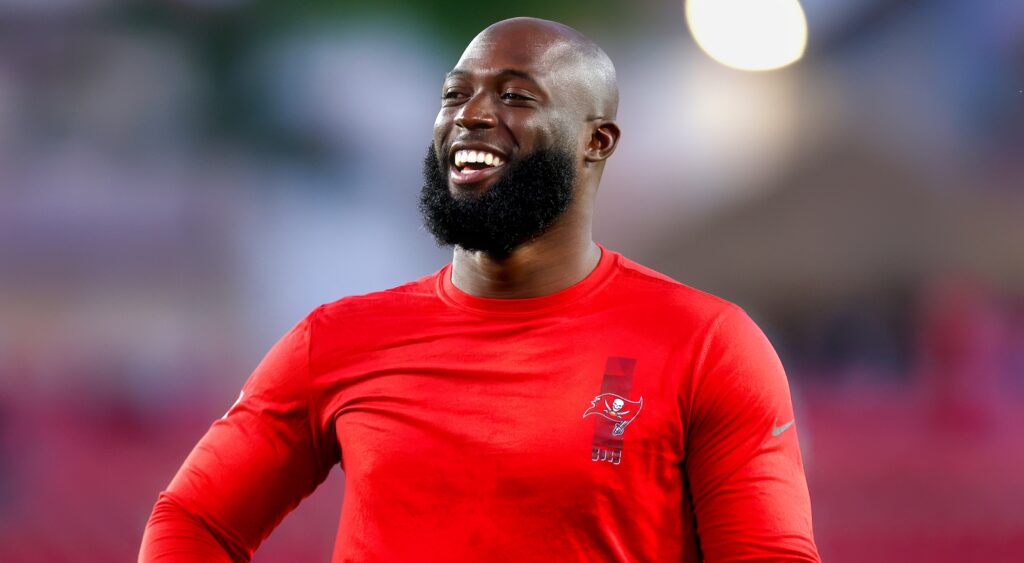 Leonard Fournette in Bucs shirt and smiling