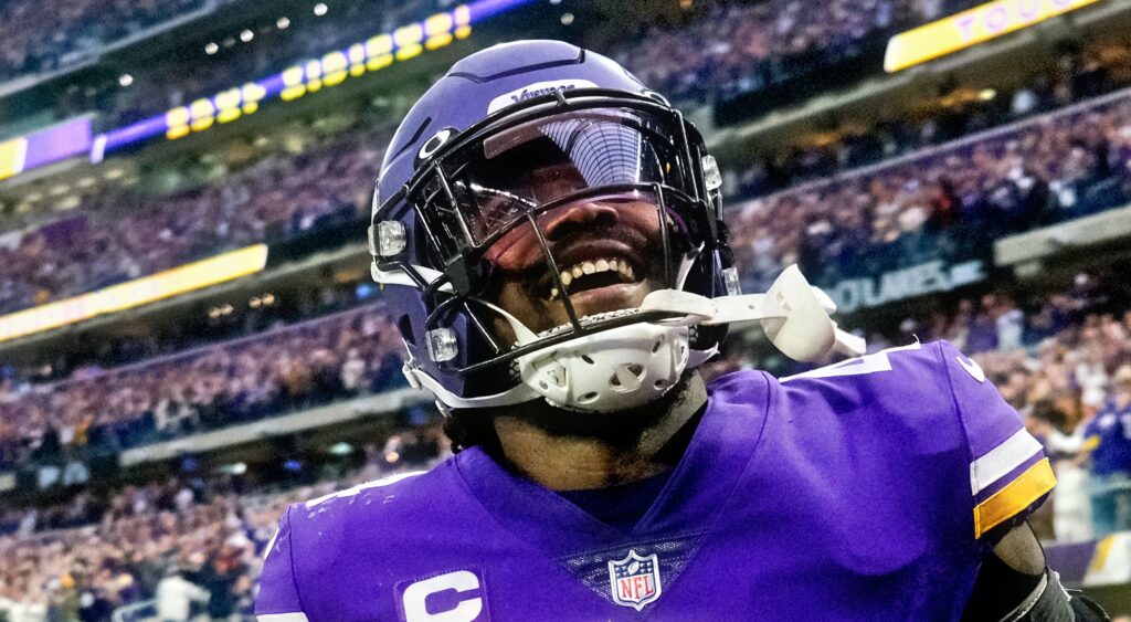 Dalvin Cook of Minnesota Vikings smiling after touchdown.