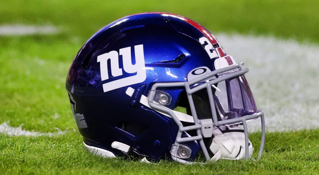A New York Giants helmet lying on FedExField.
