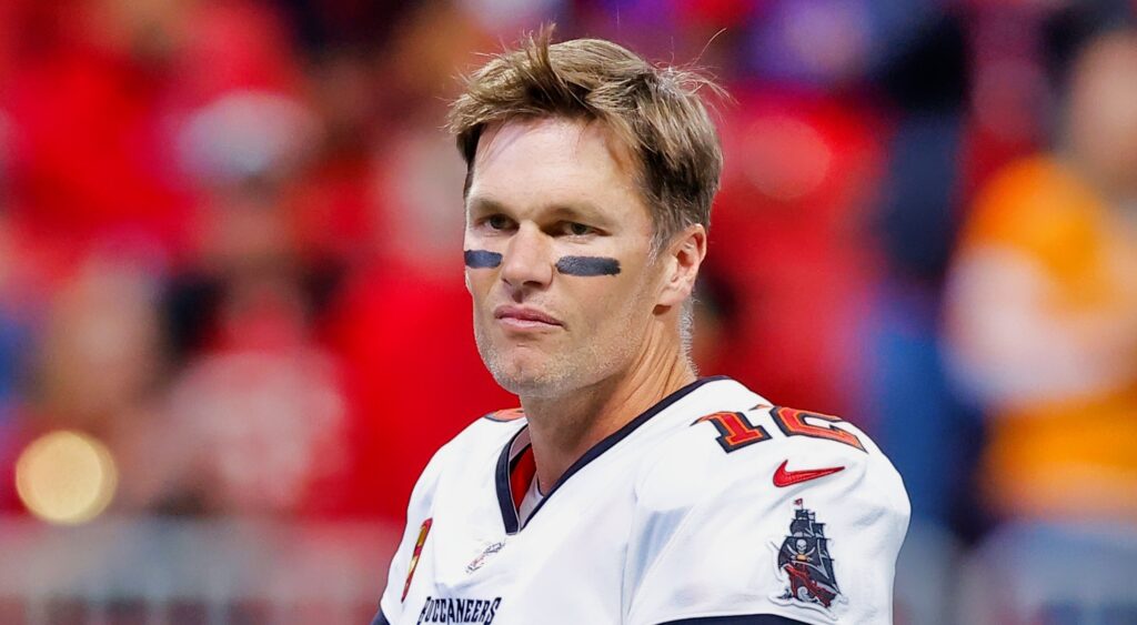 Tampa Bay Buccaneers' quarterback Tom Brady looking on ahead of game.