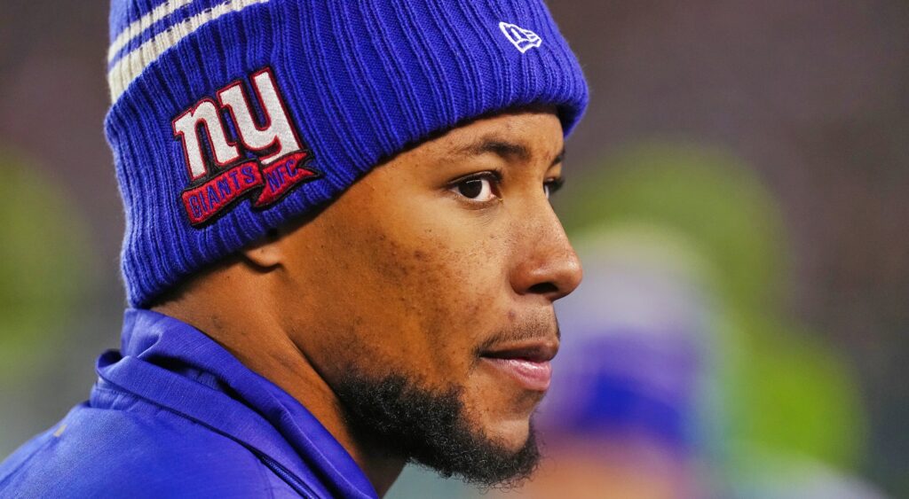 Saquon Barkley with a Giants winter hat on.