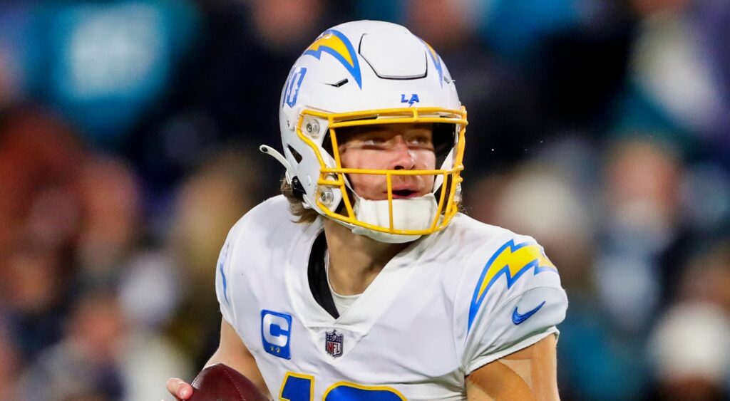 Justin Herbert of Los Angeles Chargers looking to pass.