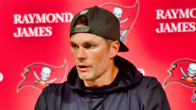 Tom Brady speaking to reporters at Buccaneers press conference