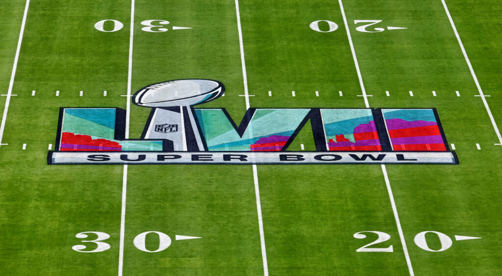 Super Bowl LVII logo on field.
