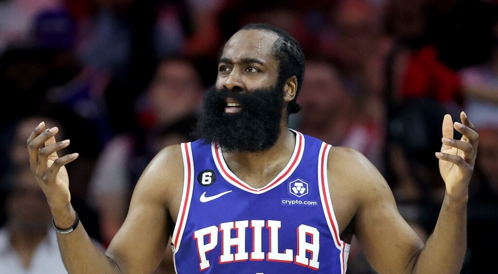 James Harden of Philadelphia 76ers reacts during game.