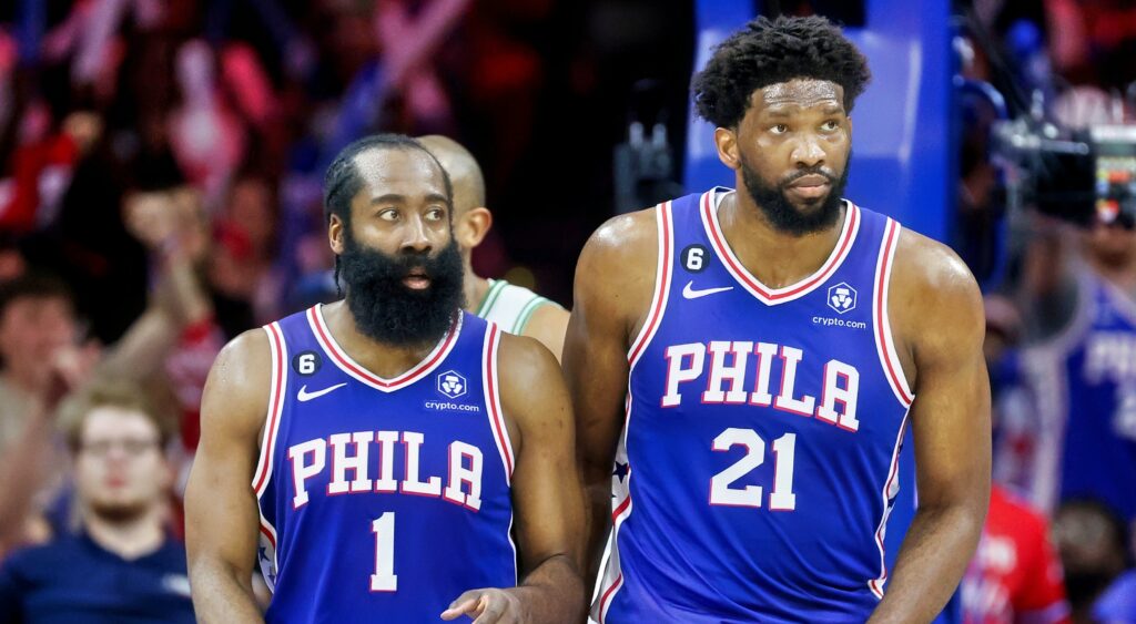 James Harden (left) and Joel Embiid (right) of Philadelphia 76ers looking on.