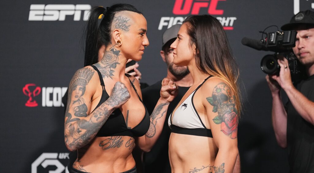 Ailin Perez and Ashlee Evans-Smith face off at UFC weigh-ins.