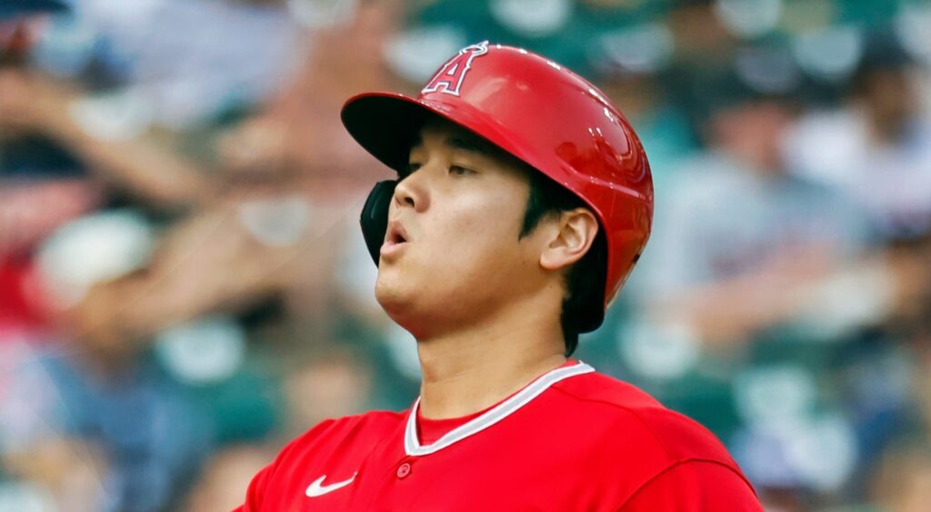 Shohei Ohtani of Los Angeles Angels reacts after a run.