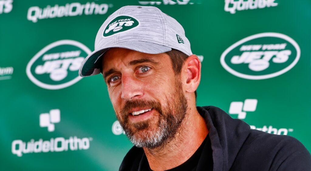 Aaron Rodgers of New York Jets speaking to reporters.