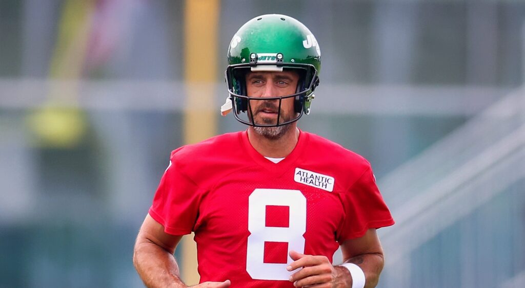 Aaron Rodgers of New York Jets looking on during practice.