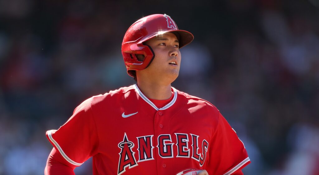 Shohei Ohtani of Los Angeles Angels looking on during game.