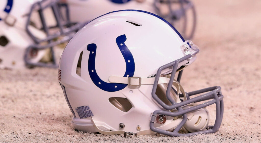 Indianapolis Colts' helmet shown at Lucas Oil Stadium.