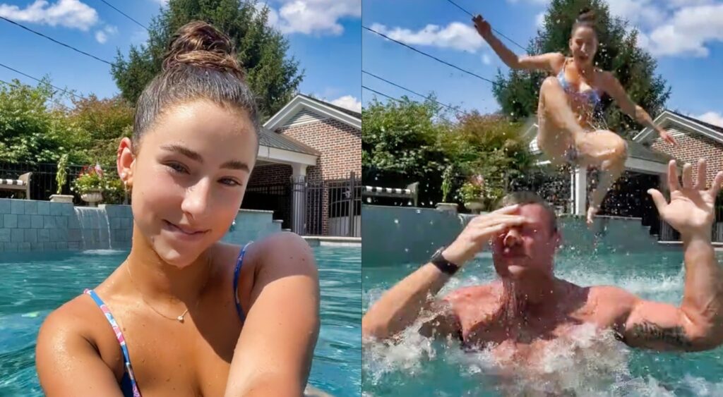 Split image of Gia Duddy smiling in the pool and Will Levis tossing Gia in the air while in the pool.