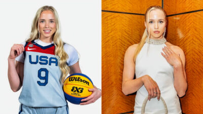 Photo of Hailey Van Lith in USA uniform and photo of Hailey Van Lith in white dress