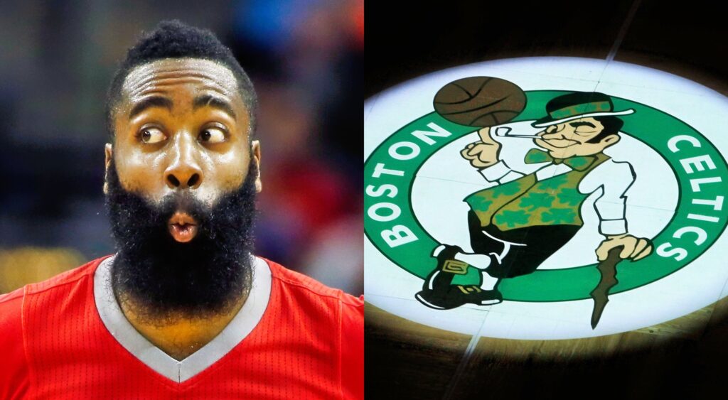 Split image of James Harden making a surprised face and a Celtics logo on the court.