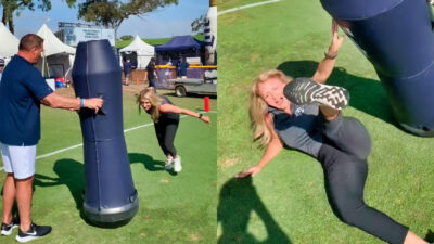 Photos of Jane Slater tackling a dummy