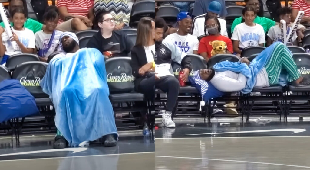 Photos of YouTuber JiDion pretending to sleep at WNBA game
