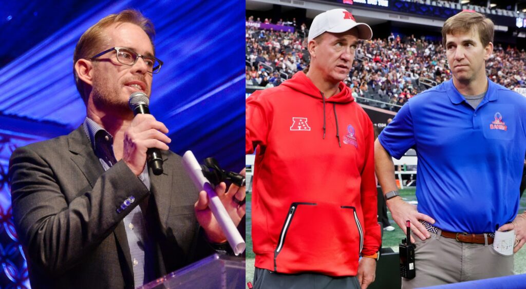 Split image of Joe Buck and the Manning brothers (Eli and Peyton).