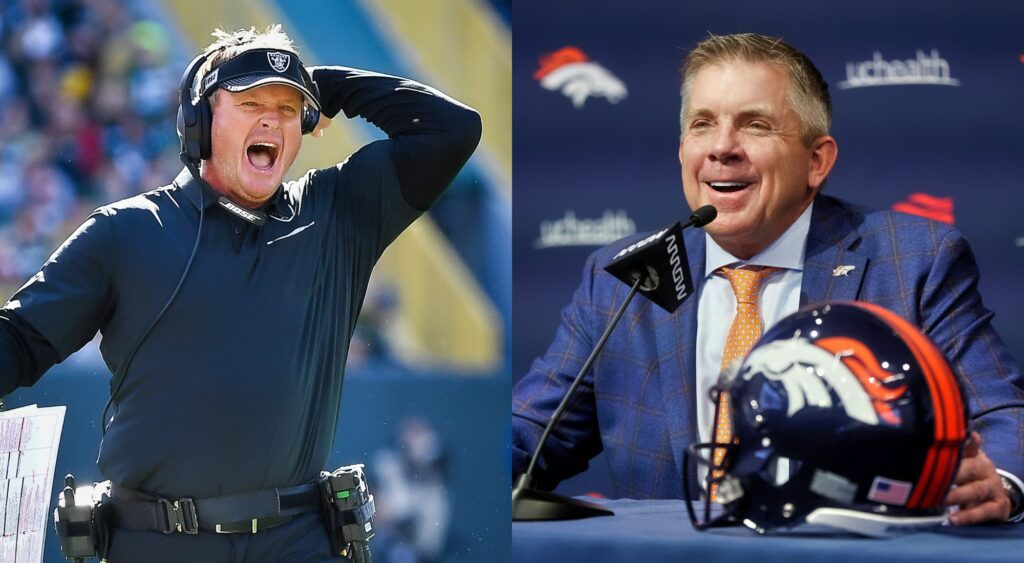 Split image of Jon Gruden screaming on the sideline and Sean Payton laughing at a press conference.