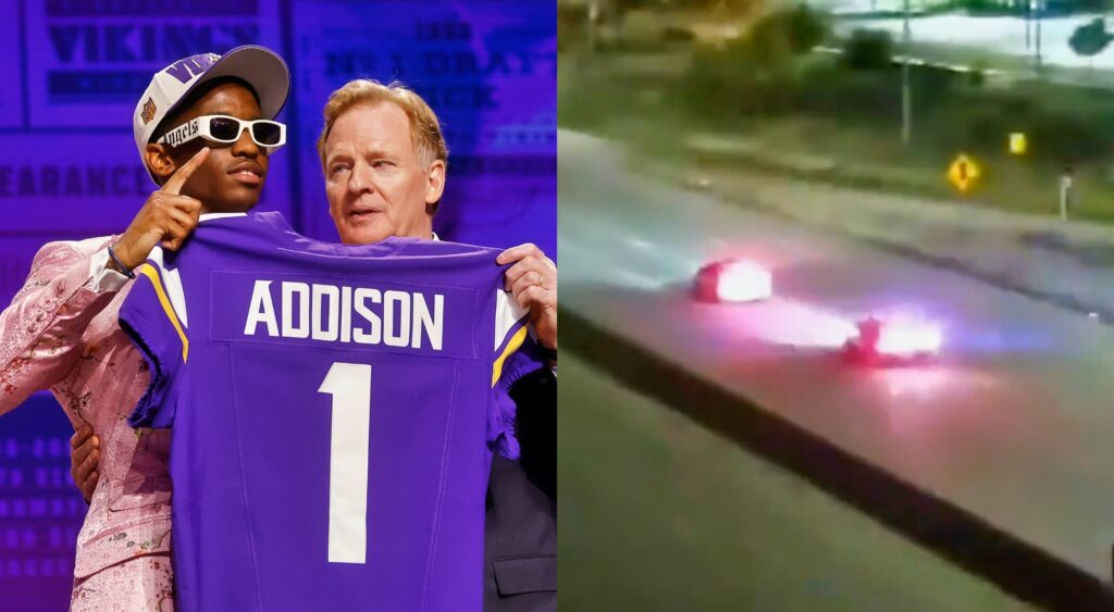 Split image of Jordan Addison after being taken by the Vikings on draft day and a screenshot from his speeding video.