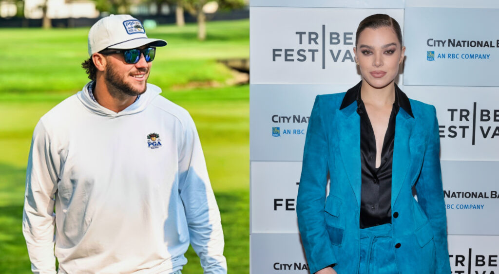 Photo of Josh Allen on Golf course and photo of Hailee Steinfeld in blue outfit