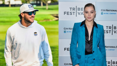 Photo of Josh Allen on Golf course and photo of Hailee Steinfeld in blue outfit