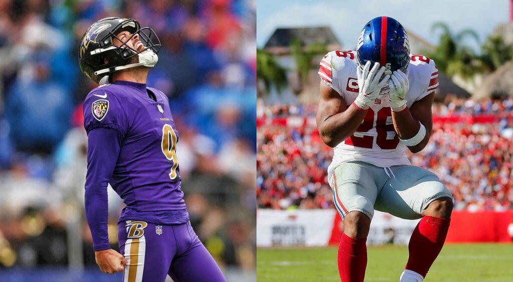 Split image of Justin Tucker celebrating and Saquon Barkley with his hands over his facemask after missing a big play.