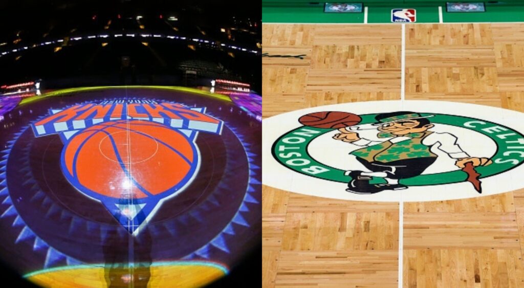 Split image of Knicks logo and Celtics logo on the court.