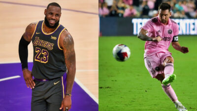 Photo of LeBron James smiling and photo of Lionel Messi taking free kick