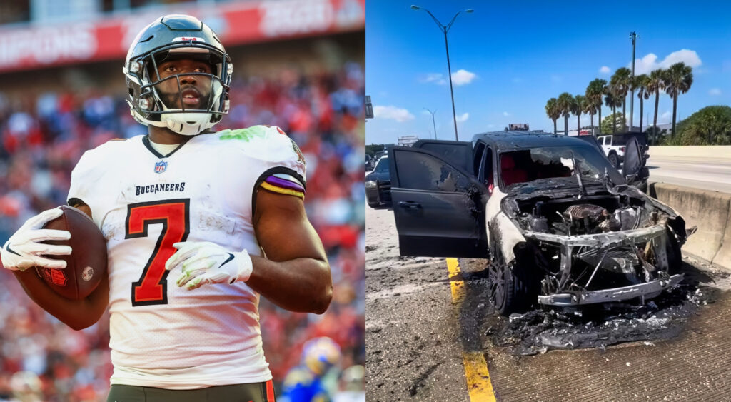 Photo of Leonard Fournette with a football and photo of Leonard Fournette's burnt car