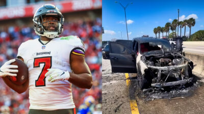 Photo of Leonard Fournette with a football and photo of Leonard Fournette's burnt car