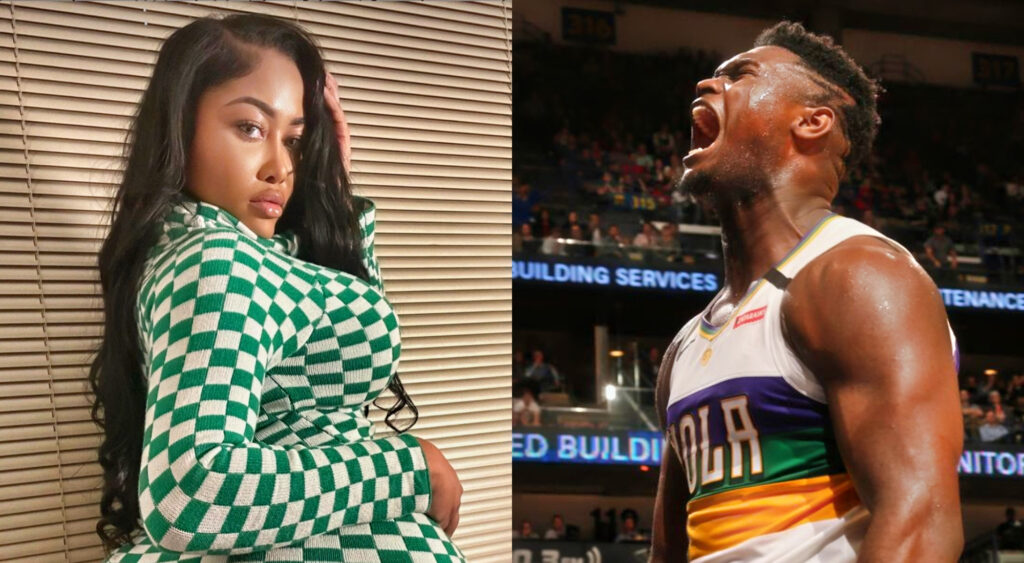 Photo of Moriah Mills in green and white checkered dress and photo of Zion Williamson screaming