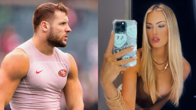 Photo of Nick Bosa with 49ers vest on and photo of Jenna Berman selfie