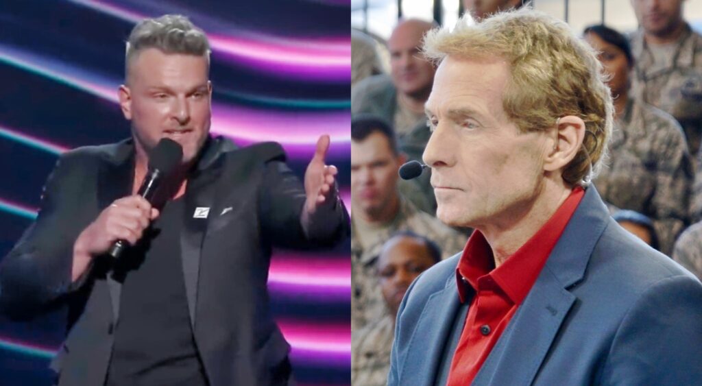 Split image of Pat McAfee talking at the ESPYs and Skip Bayless looking on during his show.