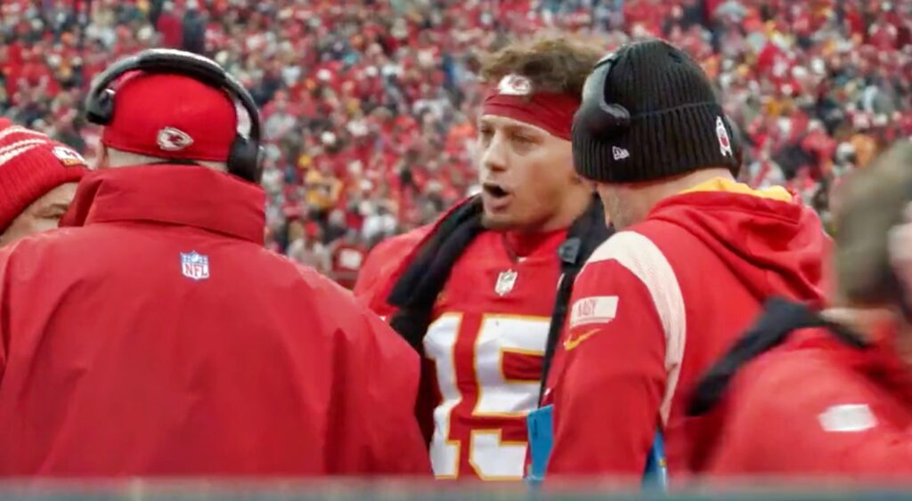 Patrick Mahomes argues with his coaches on the sideline.