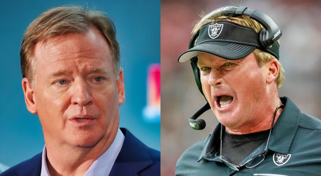 Split image of Roger Goodell at a press conference and Jon Gruden yelling while coaching a game.
