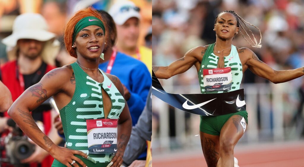 Split image of Sha’Carri Richardson before a race with her wig on and Richardson crossing the finish line to win a 100m race.