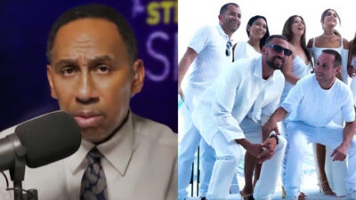 Photo of Stephen A. Smith speaking on his podcast and photo from Michael Rubin's all-white party