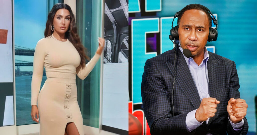 Photo of Stephen A. Smith dressed in suit and photo of Molly Querim on set