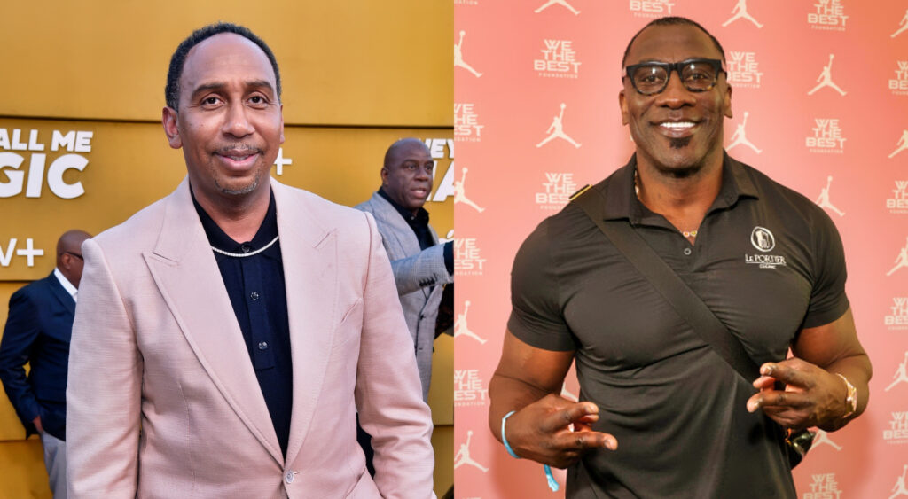 Photo of Stephen A. Smith smiling and photo of Shannon Sharpe smiling while holding two fingers up on each hand