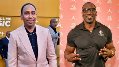 Photo of Stephen A. Smith smiling and photo of Shannon Sharpe smiling while holding two fingers up on each hand