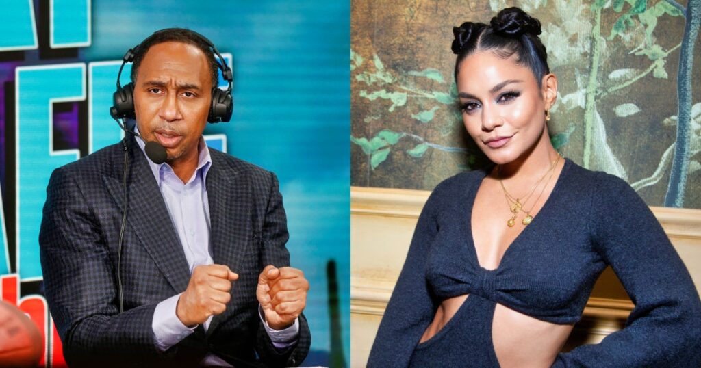 Stephen A. Smith with headset and suit on. Vanessa Hudgens posing in black outfit
