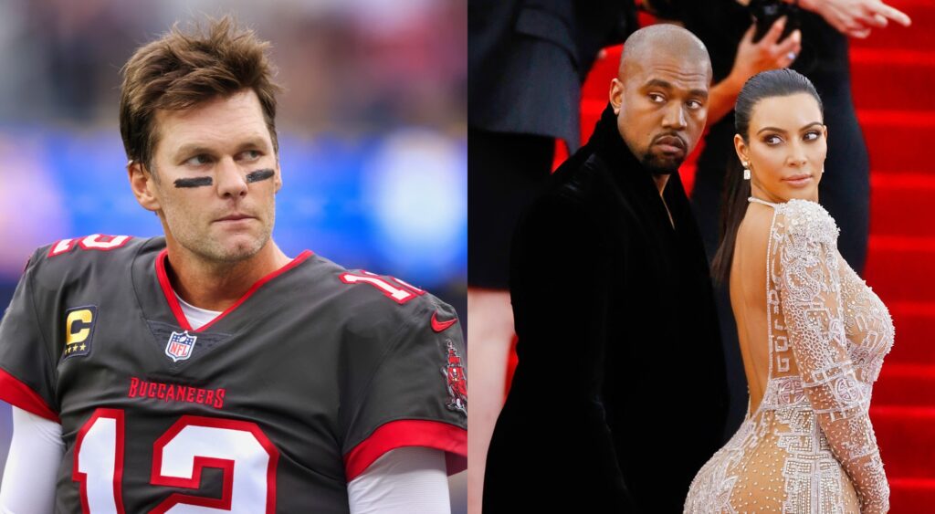 Split image of Tom Brady on the field and Kim Kardashian with Kanye West on the red carpet.