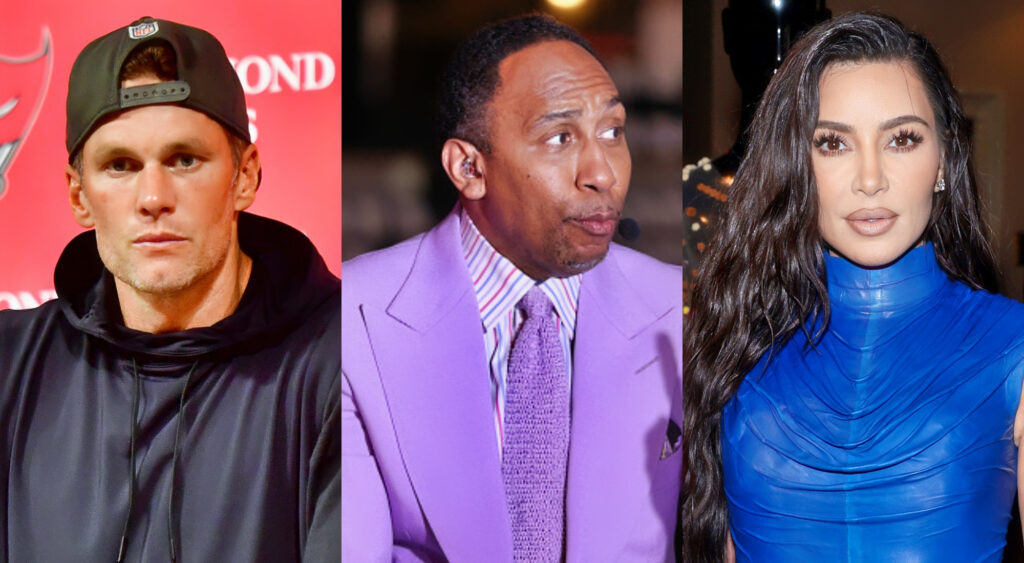Photos of Tom Brady in hat and sweater, Stephen A. Smith in purple suit and Kim kardashian in blue outfit