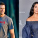 Photo of Tom Brady smiling and photo of Kim Kardashian posing at event
